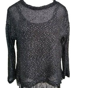 Fever Women's Black and Silver Sheer Sweater with Lace NWT Large